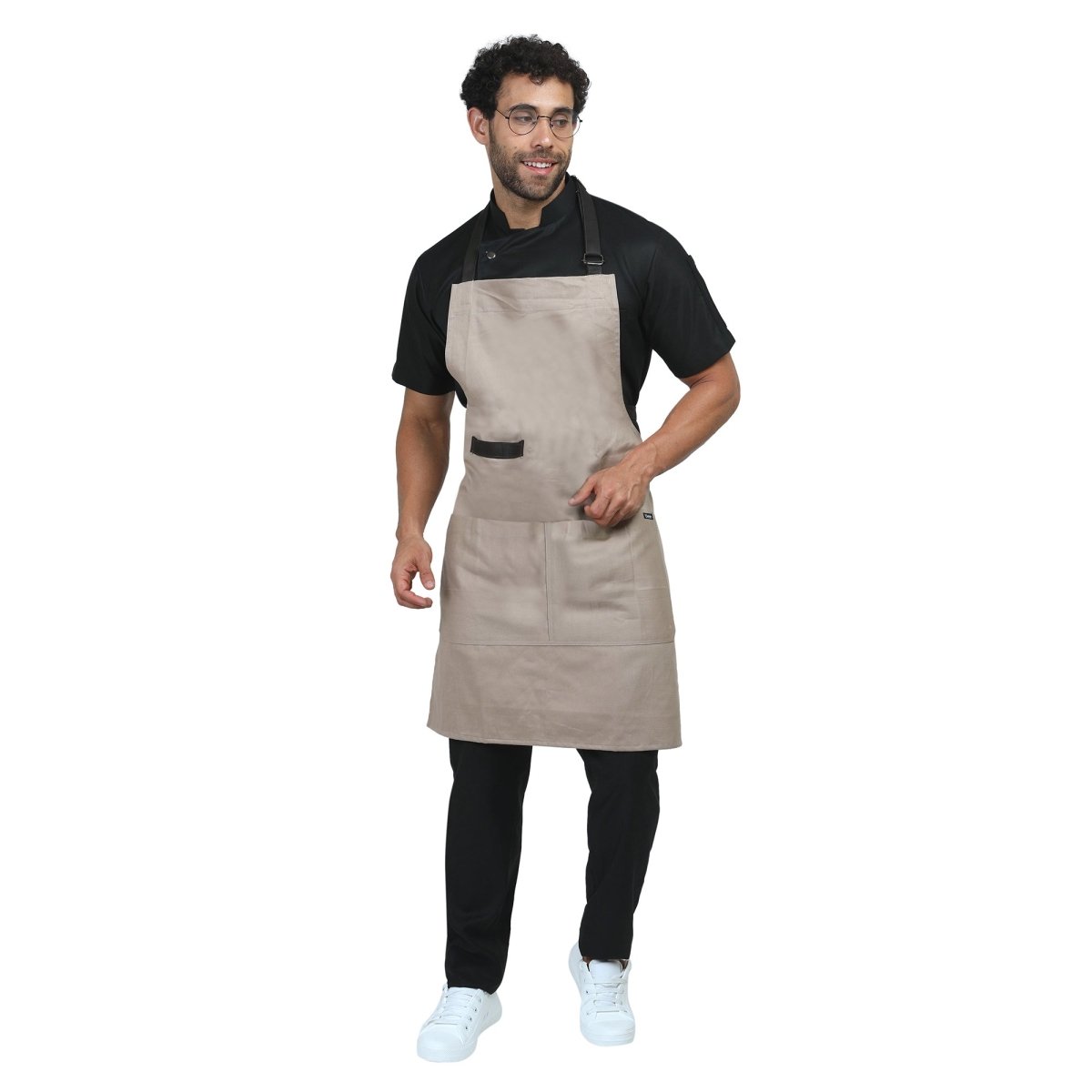 Beige kitchen apron on model — restaurant and cafe uniform India