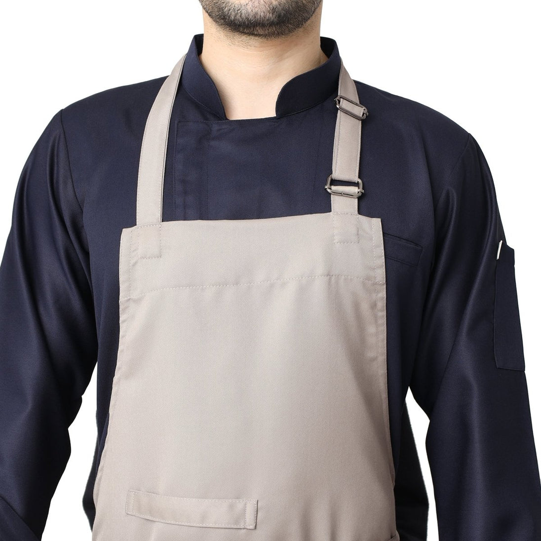 Sand beige apron front pocket detail — deep storage for kitchen tools