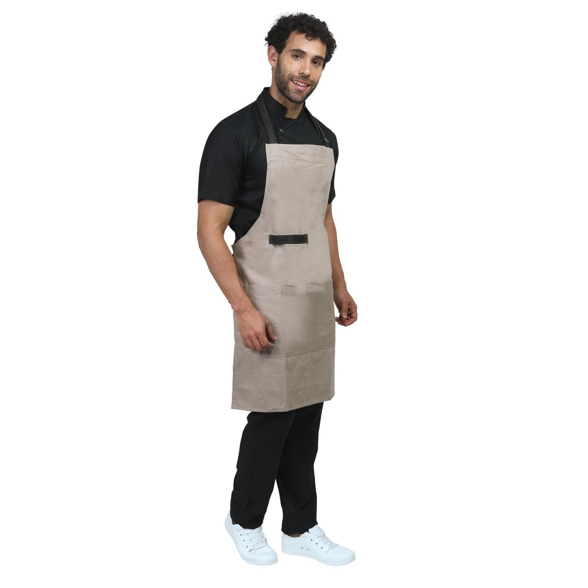 Beige apron front pocket detail — deep storage for kitchen tools