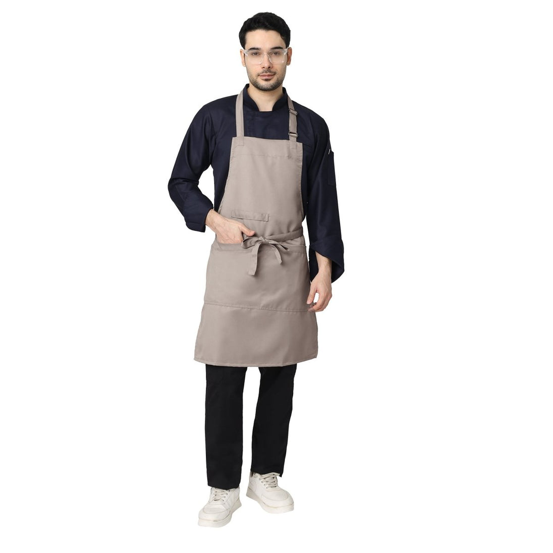 Sand beige full bib kitchen apron front view — polycotton, adjustable straps