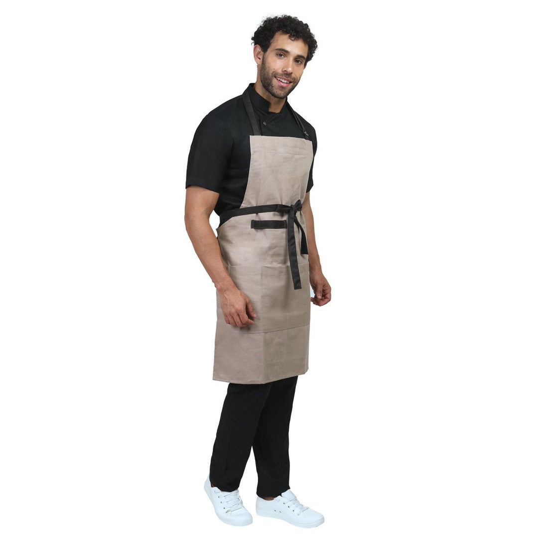 Beige full bib kitchen apron front view — polycotton, adjustable neck strap