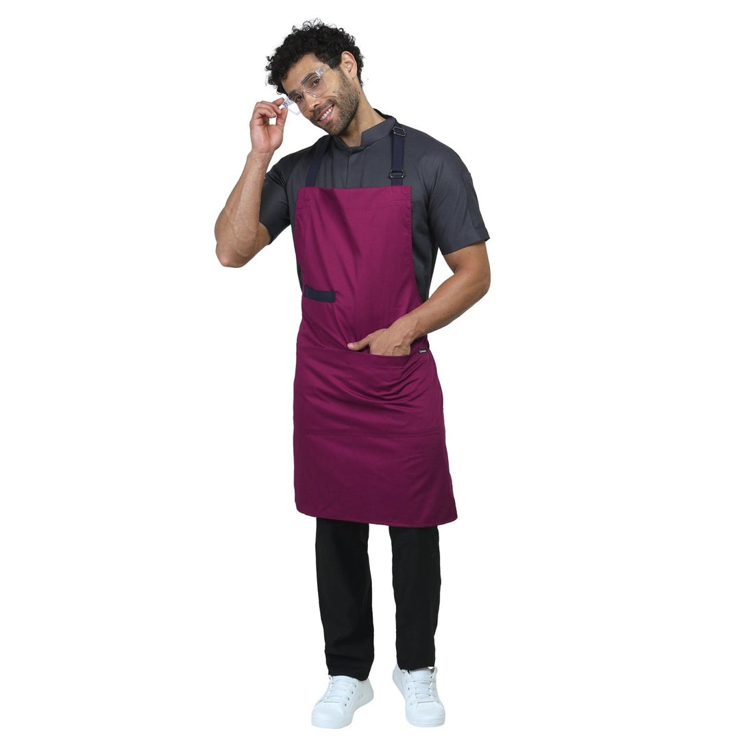 Berry kitchen apron on model — restaurant and cafe uniform India