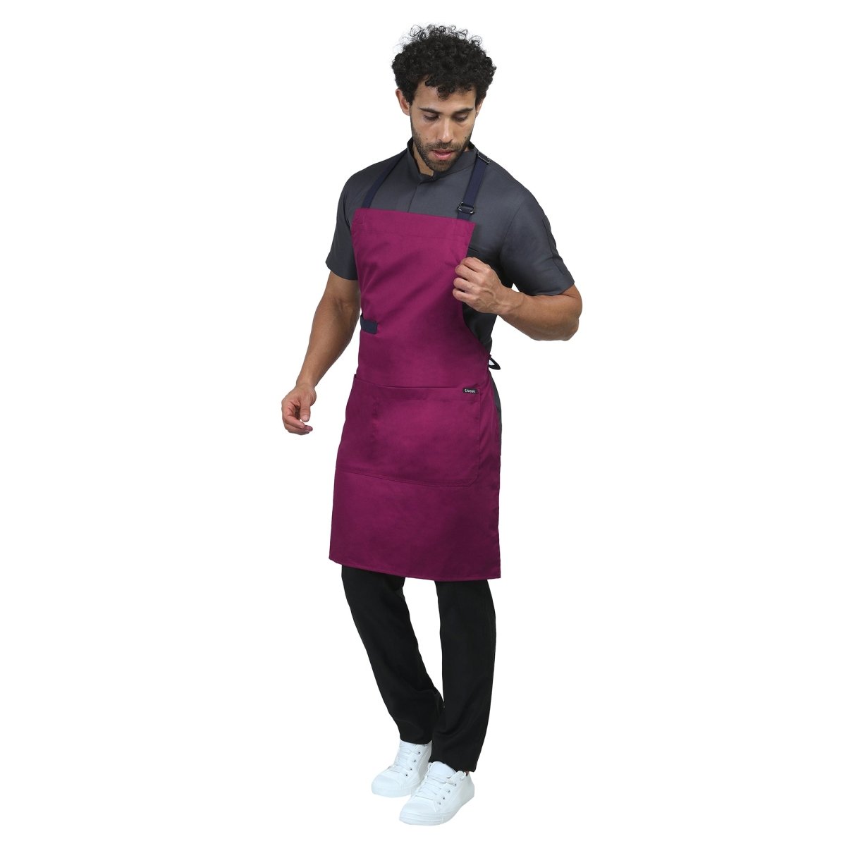 Berry apron front pocket detail — deep storage for kitchen tools