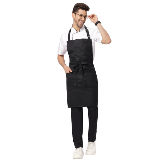 Black full bib kitchen apron front view — durable canvas polycotton, adjustable straps