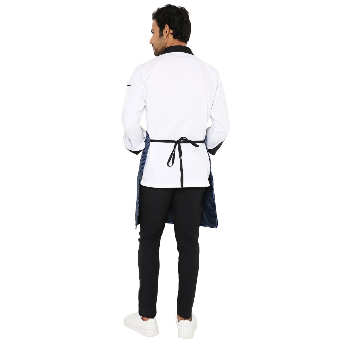 Black blue kitchen apron flat lay — adjustable neck strap and waist tie