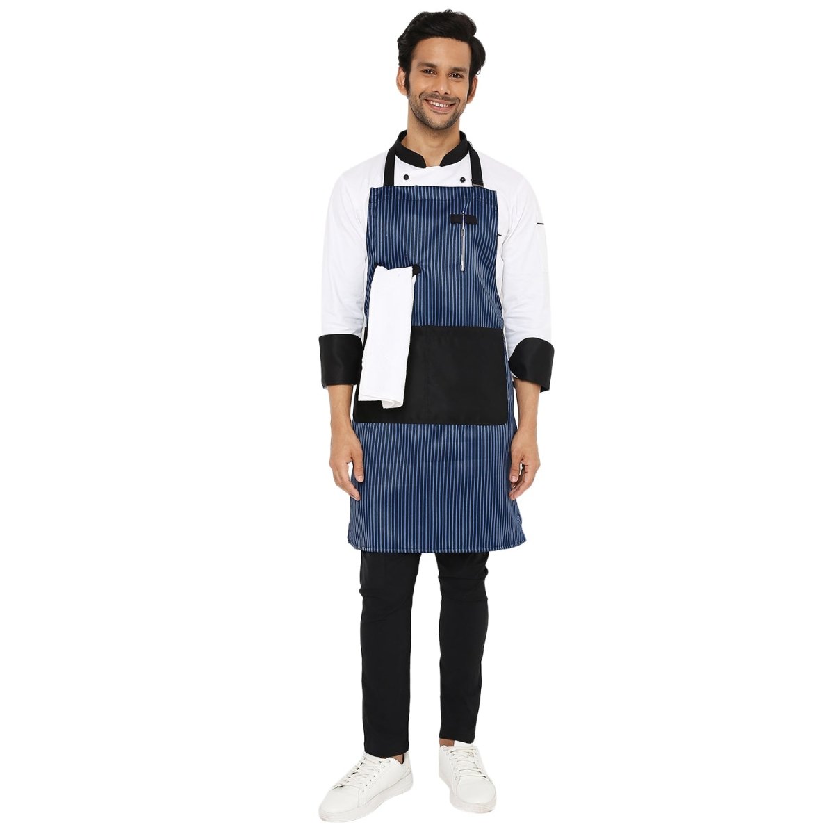 Black blue apron on model — cafe and restaurant uniform India