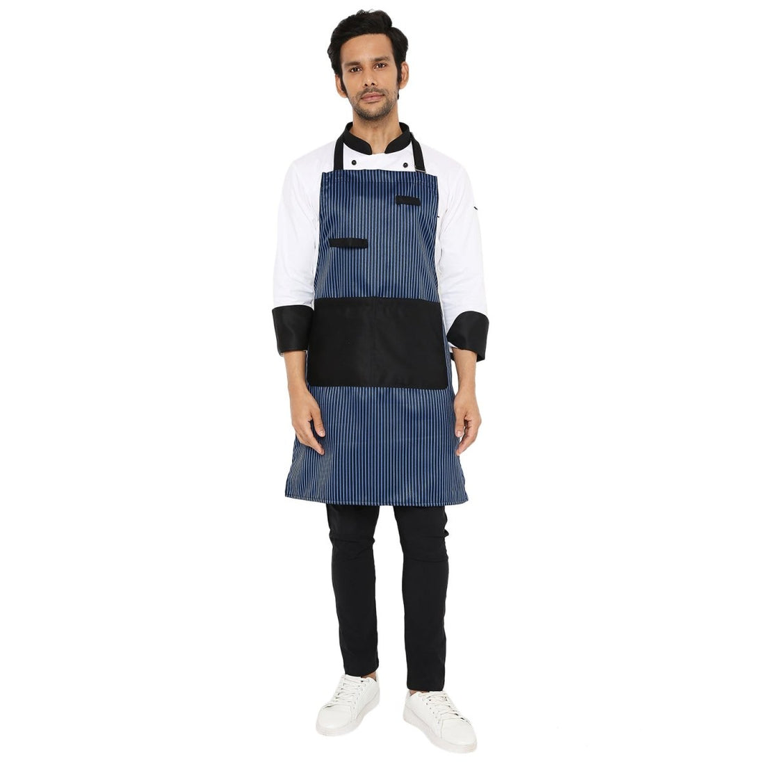 Black and blue kitchen apron front view — polycotton, adjustable neck strap