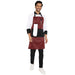 Black red apron flat lay — adjustable neck strap and waist tie