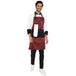 Black red apron flat lay — adjustable neck strap and waist tie