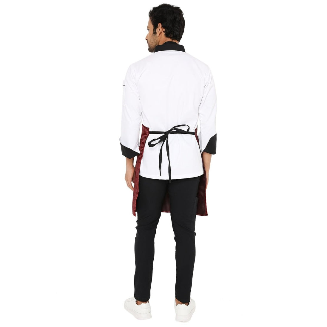 Black red apron on model — cafe and restaurant uniform India
