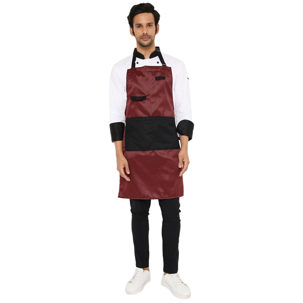 Black and red kitchen apron front view — polycotton, adjustable neck strap