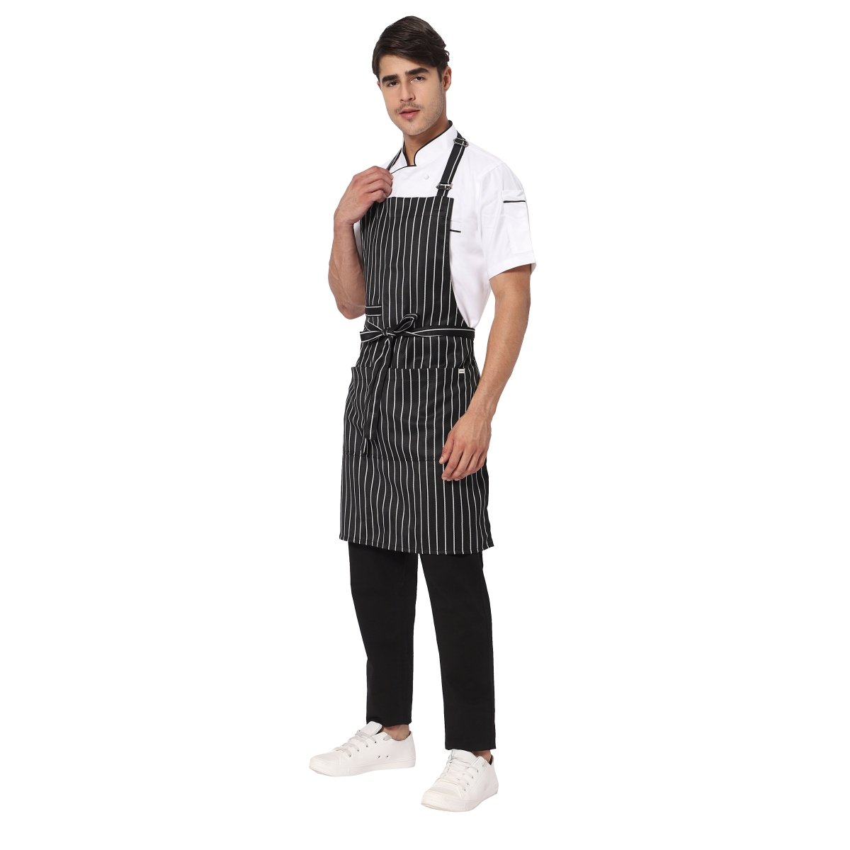 Black white apron large front pocket detail