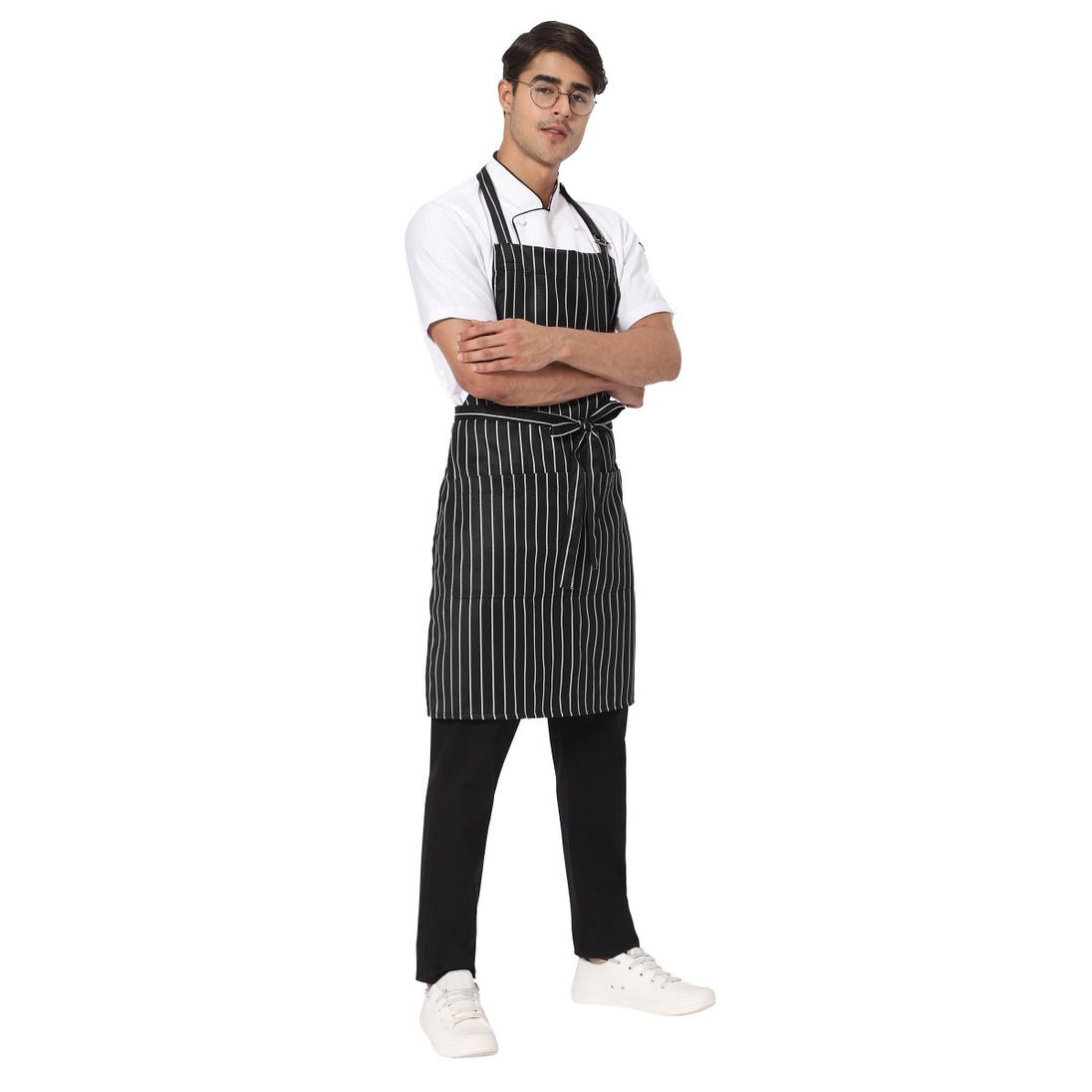 Custom embroidery on black white stripe kitchen apron — free embroidery service