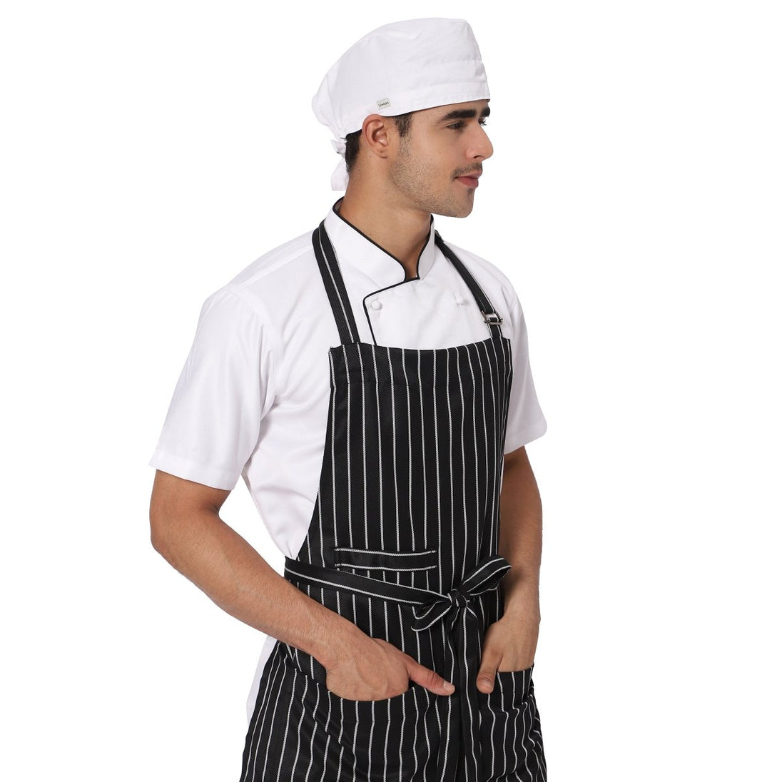 Black and white broad stripe kitchen apron front view — full bib, polycotton