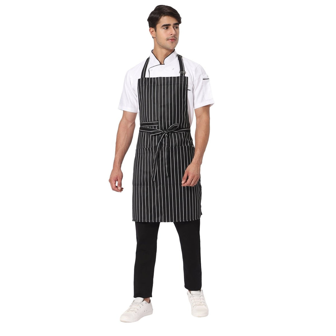 Black white stripe apron back view showing waist tie