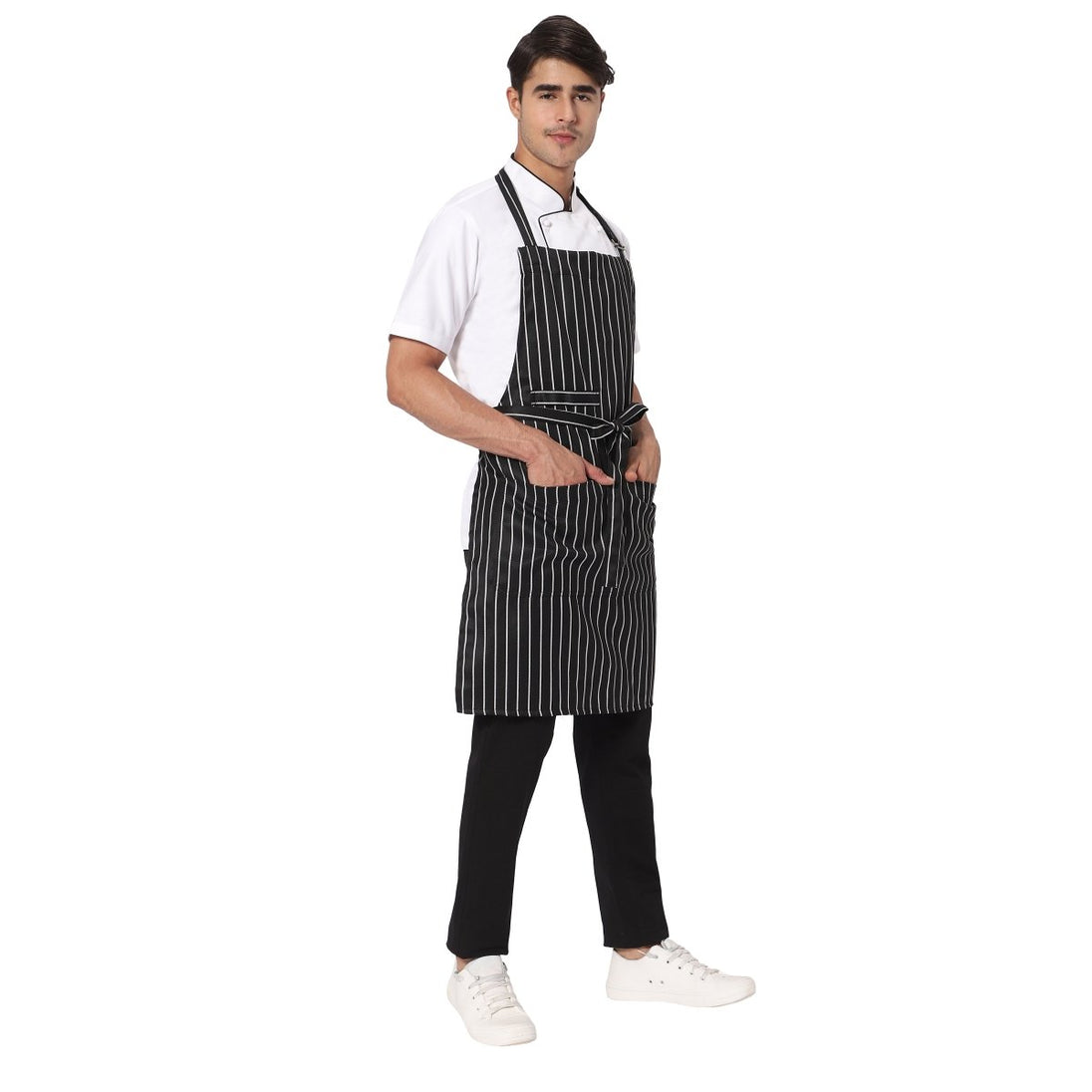 Black white stripe bib apron on model — cafe and restaurant uniform India