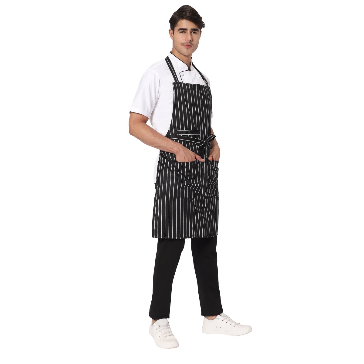 Black white stripe bib apron on model — cafe and restaurant uniform India