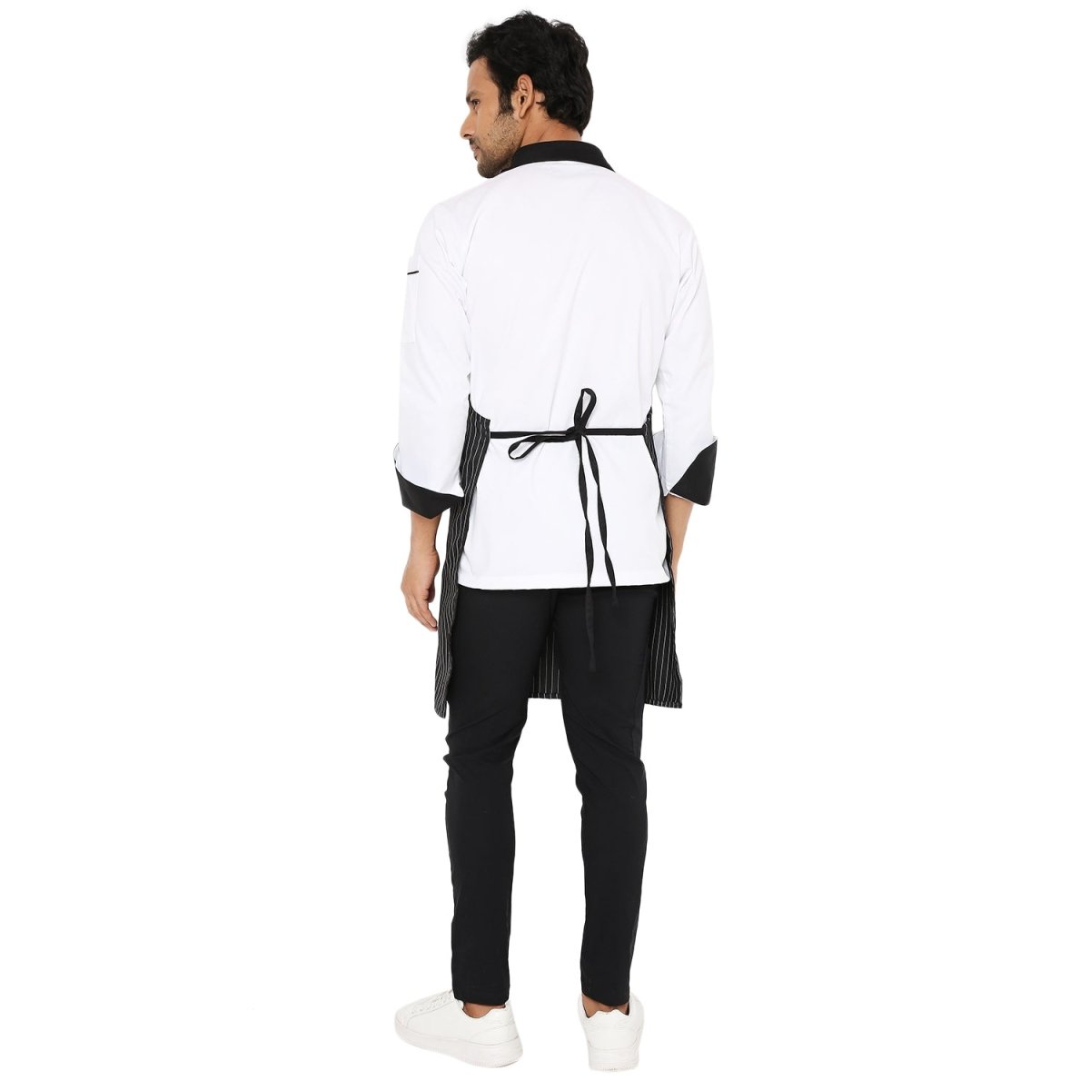 Black white fine line apron flat lay — adjustable neck strap and waist tie