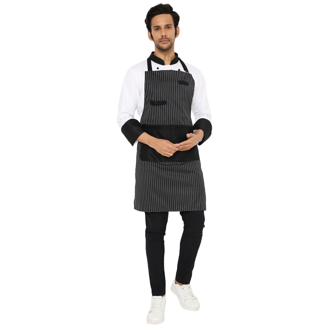 Black and white fine line kitchen apron front view — polycotton, front pocket