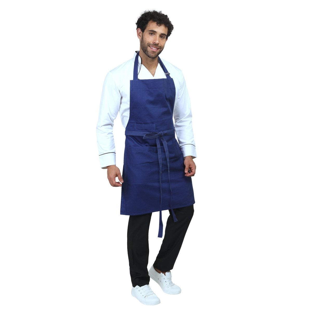 Blue full bib kitchen apron front view — polycotton, adjustable neck strap