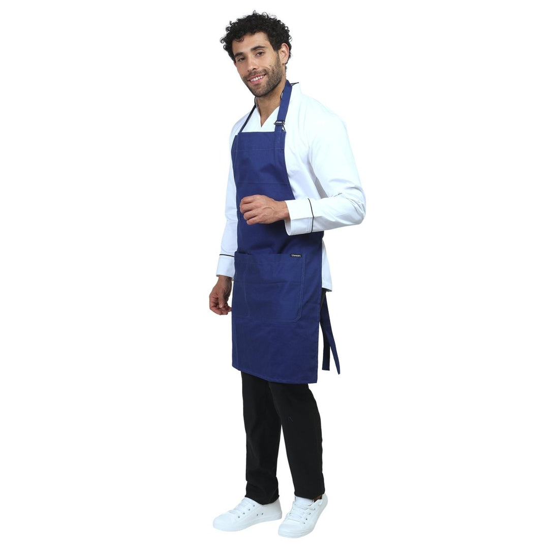 Blue kitchen apron on model — restaurant and cafe uniform India