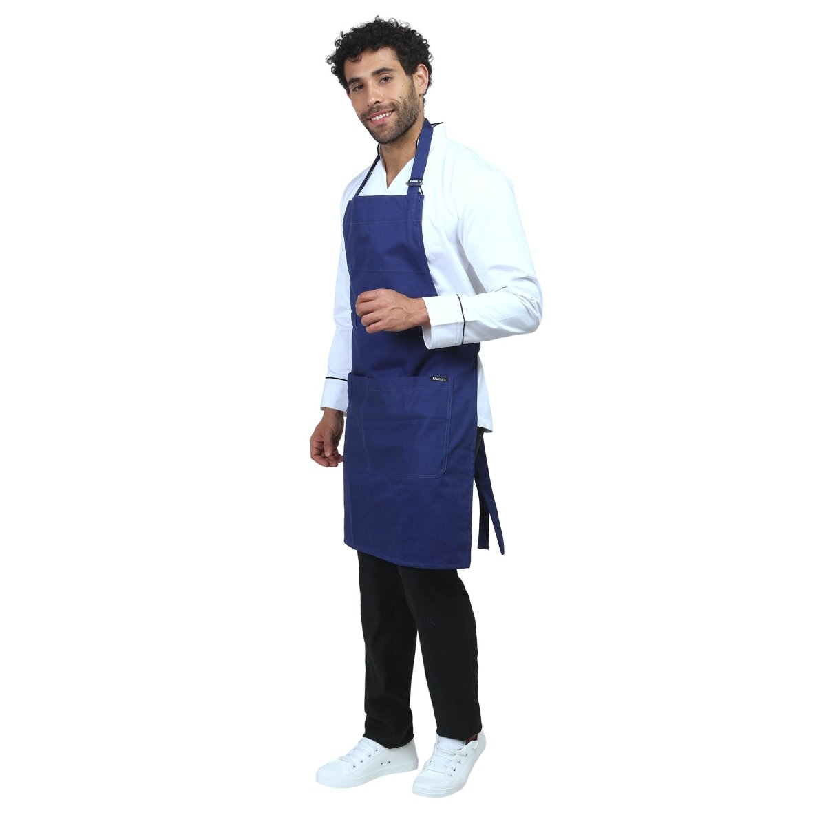 Blue kitchen apron on model — restaurant and cafe uniform India