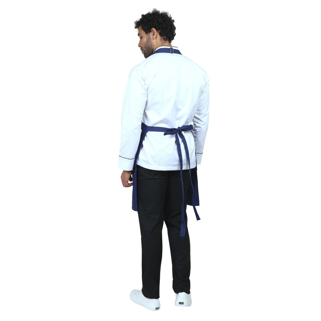 Blue bib apron flat lay — adjustable neck strap and waist tie