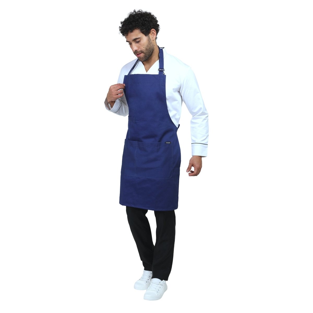 Blue apron back view showing waist tie