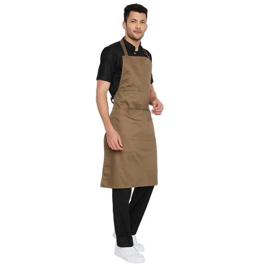 Brown full bib kitchen apron front view — durable polycotton, adjustable neck strap