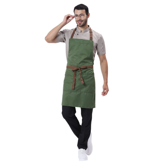 Green and brown full bib kitchen apron front view — polycotton, adjustable neck strap