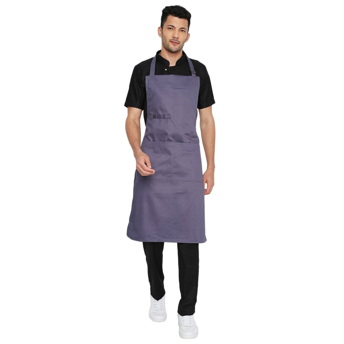 Grey apron back view showing waist tie