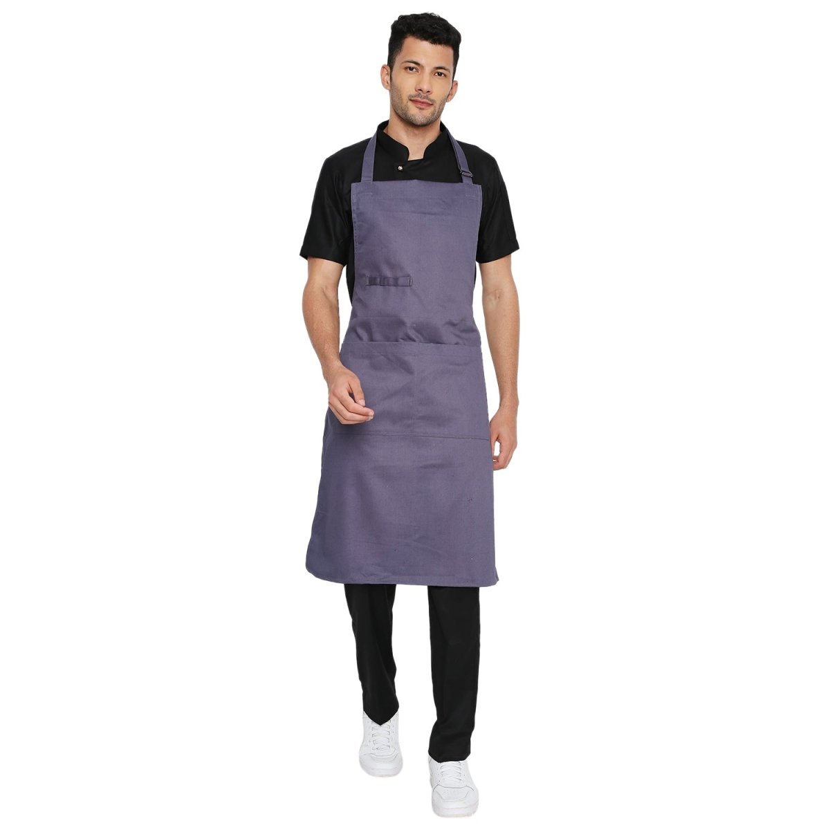 Grey apron back view showing waist tie