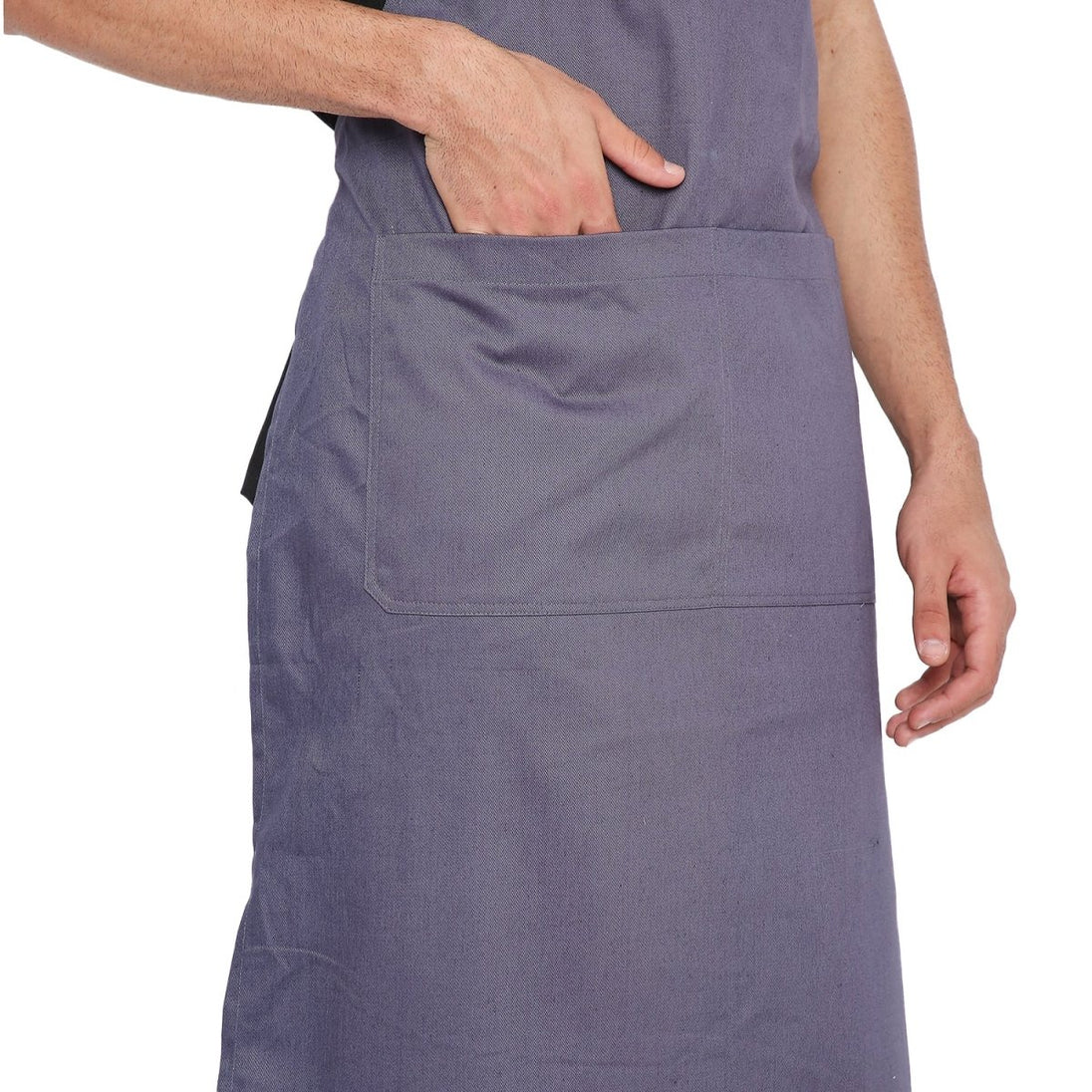Grey bib apron flat lay — adjustable neck strap and waist tie