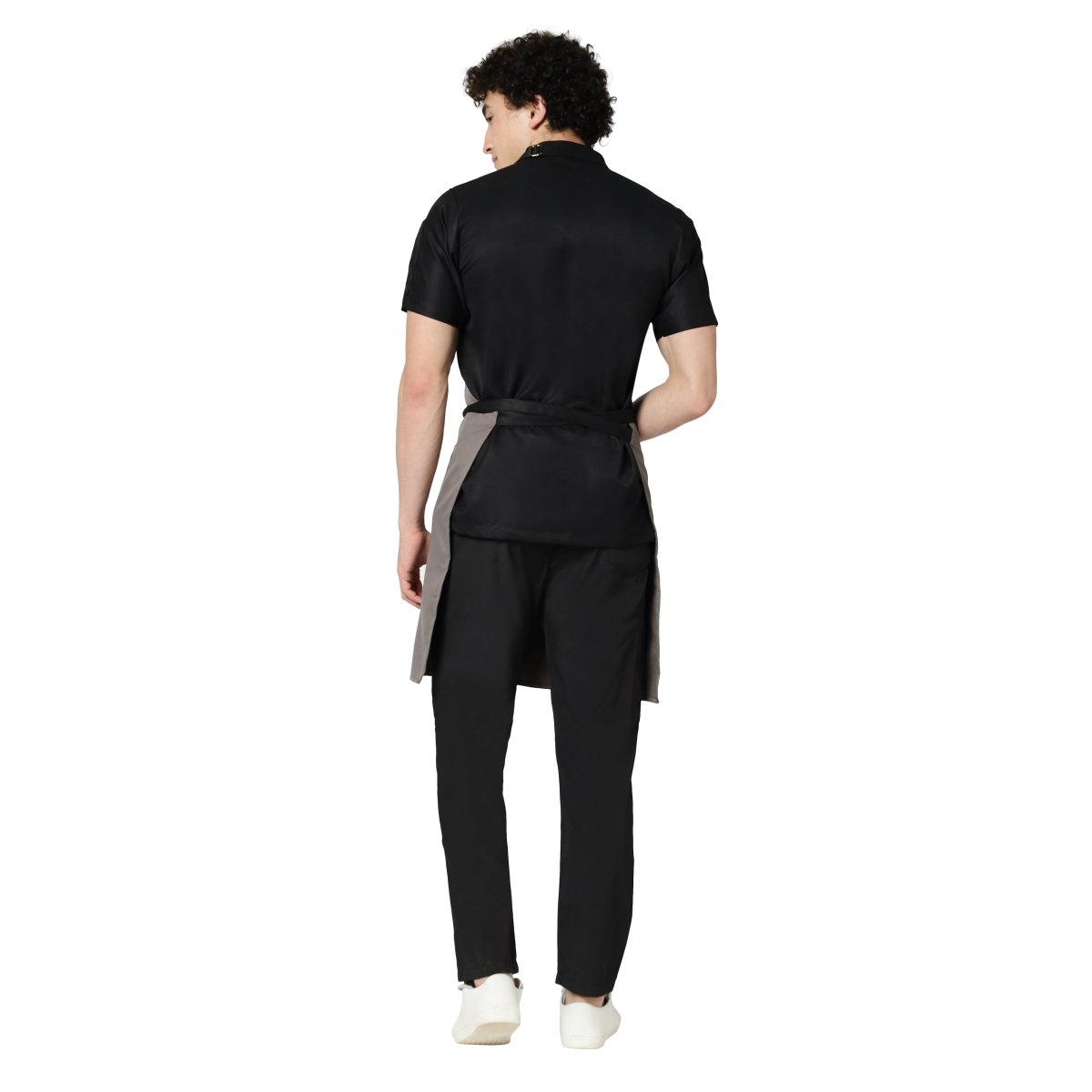 Custom logo embroidery on grey black kitchen apron — free embroidery service