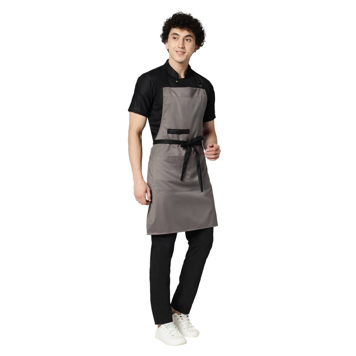 Grey black apron large front pocket detail