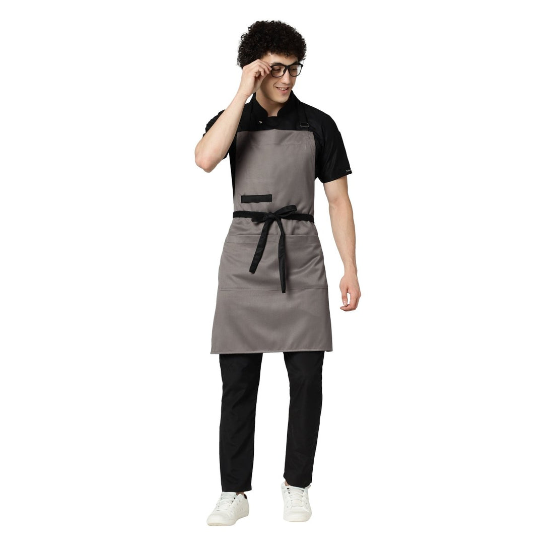 Grey and black full bib kitchen apron front view — polycotton, adjustable straps
