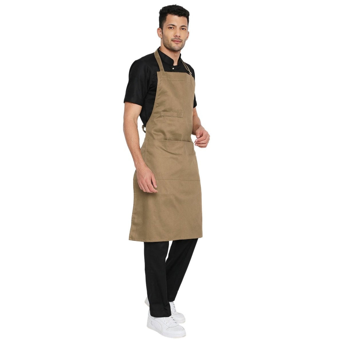 Khaki apron front pocket detail — deep storage for kitchen utensils