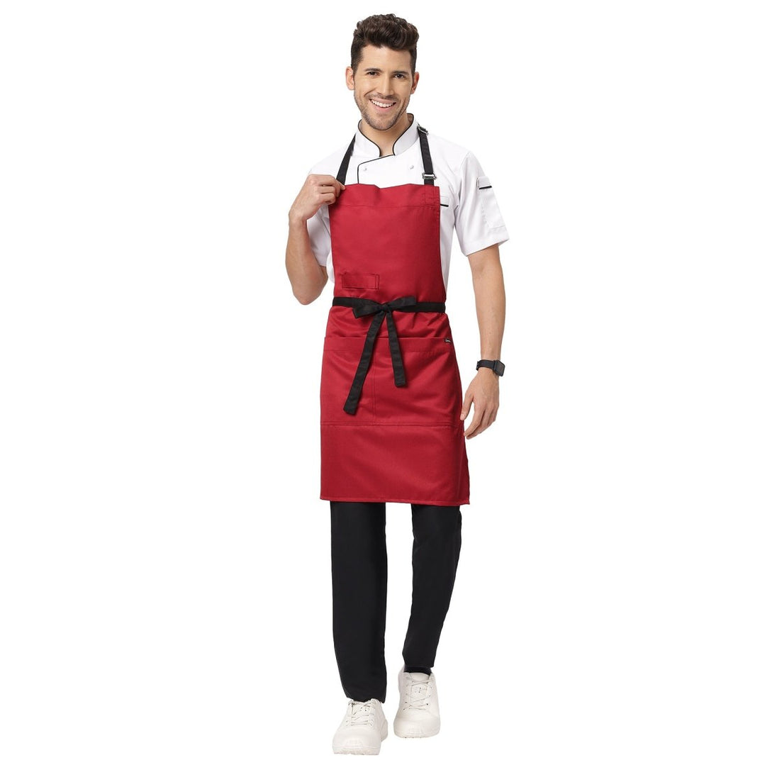 Red and black full bib kitchen apron front view — polycotton, adjustable straps