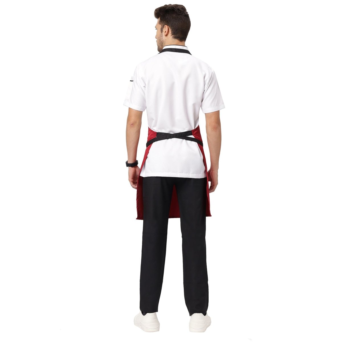 Red black kitchen apron flat lay — restaurant and hotel uniform India