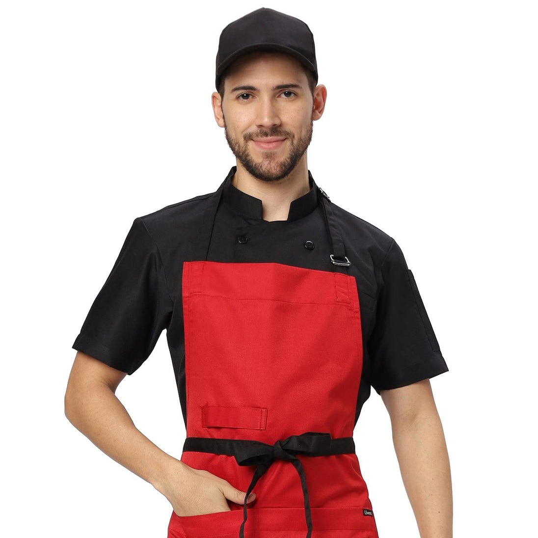 Red black apron front pocket detail — deep storage for kitchen tools