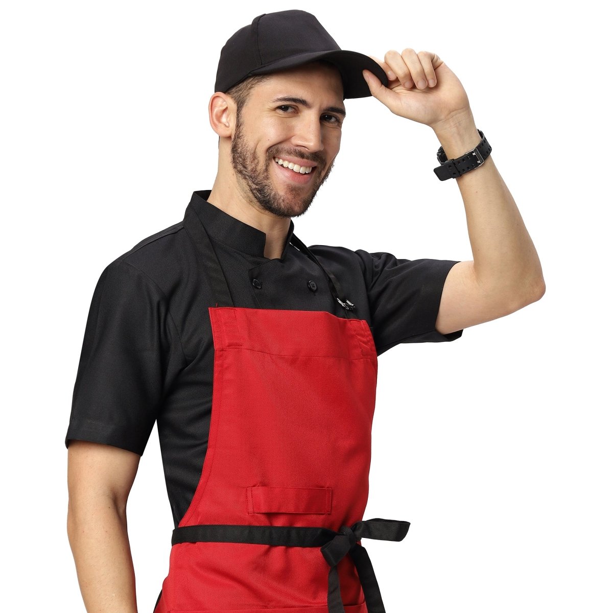 Red black bib apron side view — durable polycotton fabric