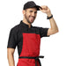 Red black bib apron side view — durable polycotton fabric