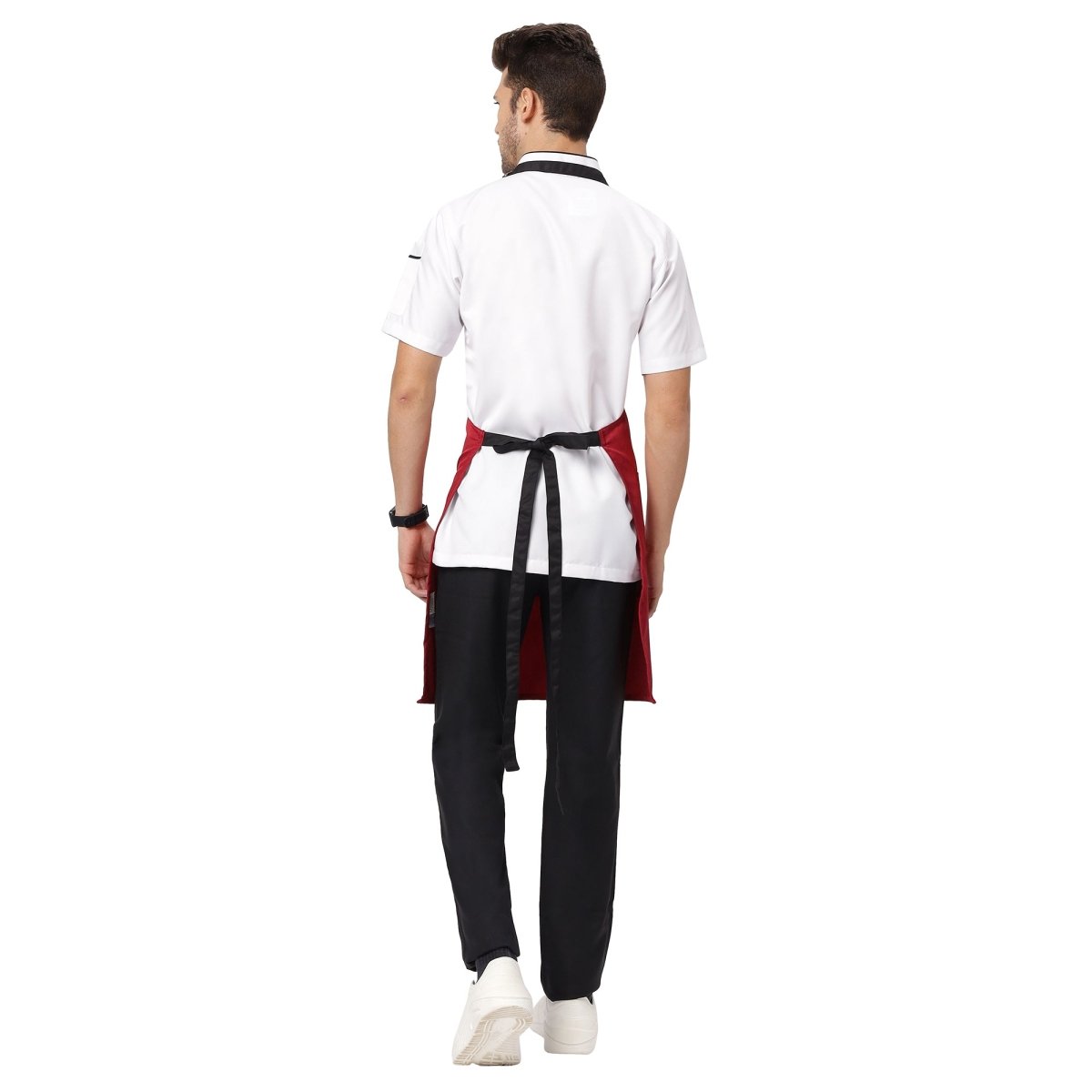 Red black apron waist tie detail — long ties for secure fit