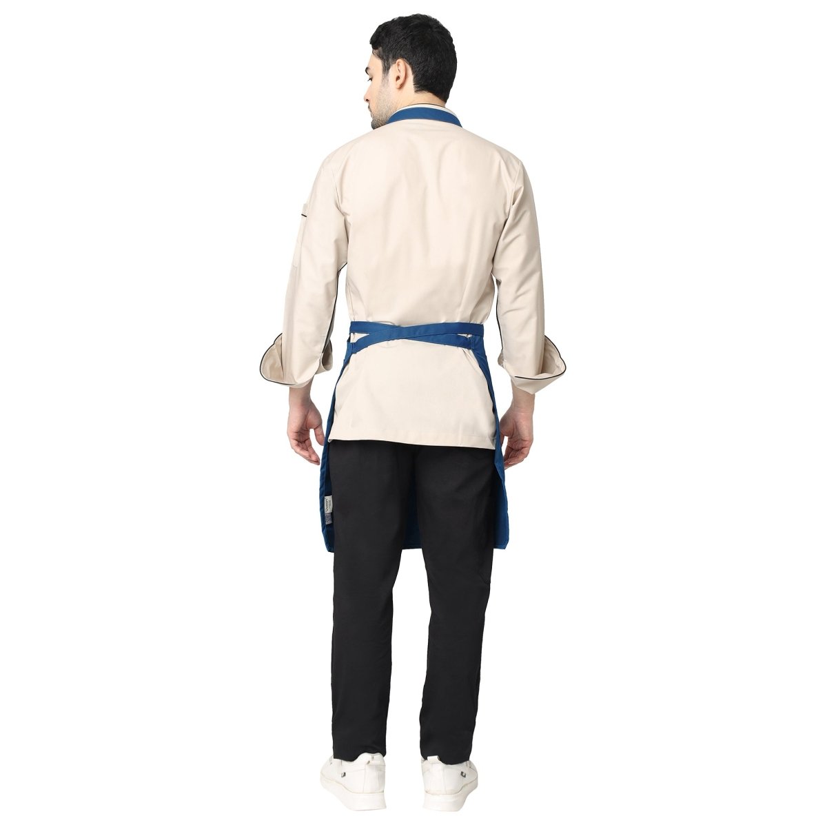 Custom embroidery on royal blue kitchen apron — free embroidery service