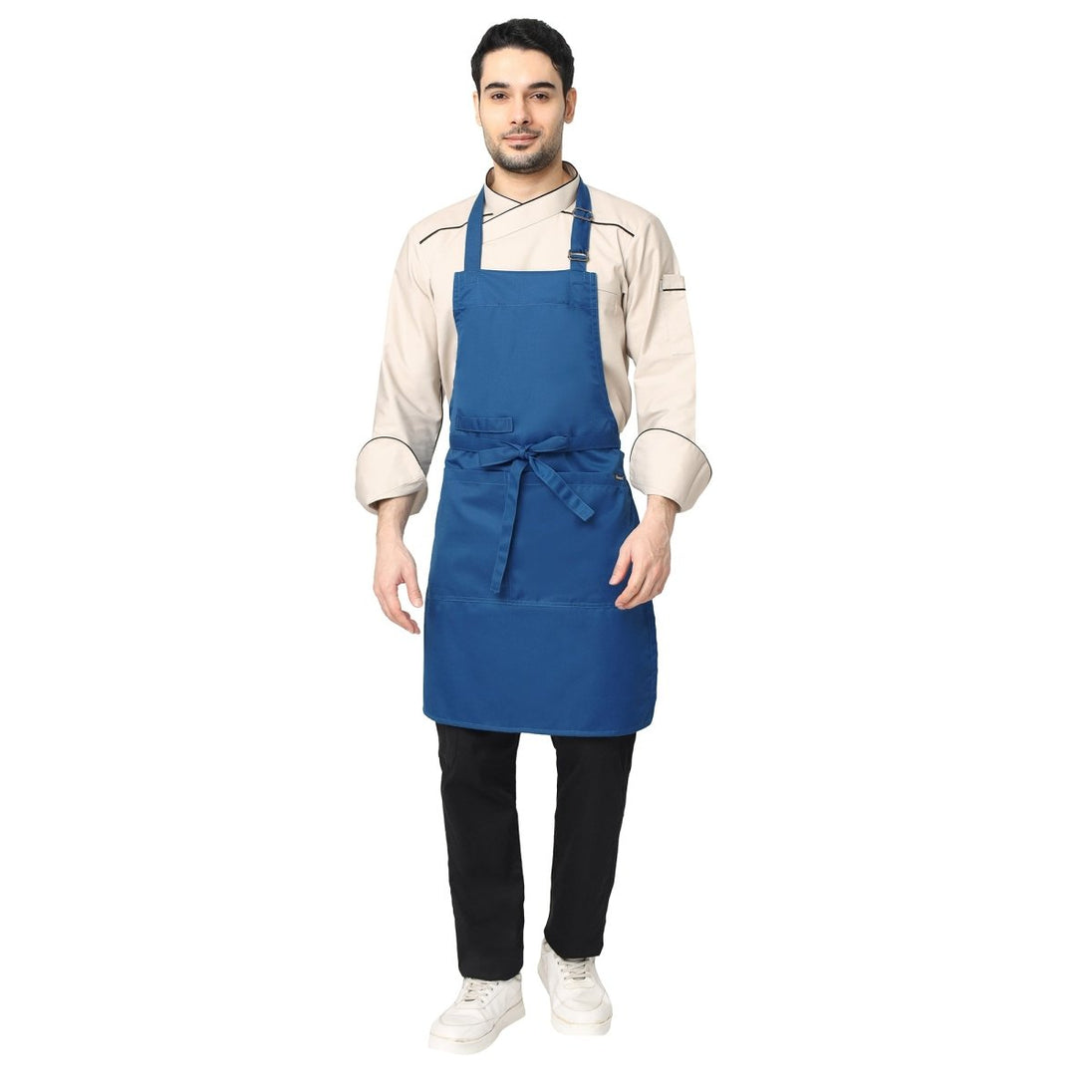 Royal blue full bib kitchen apron front view — polycotton, adjustable neck strap