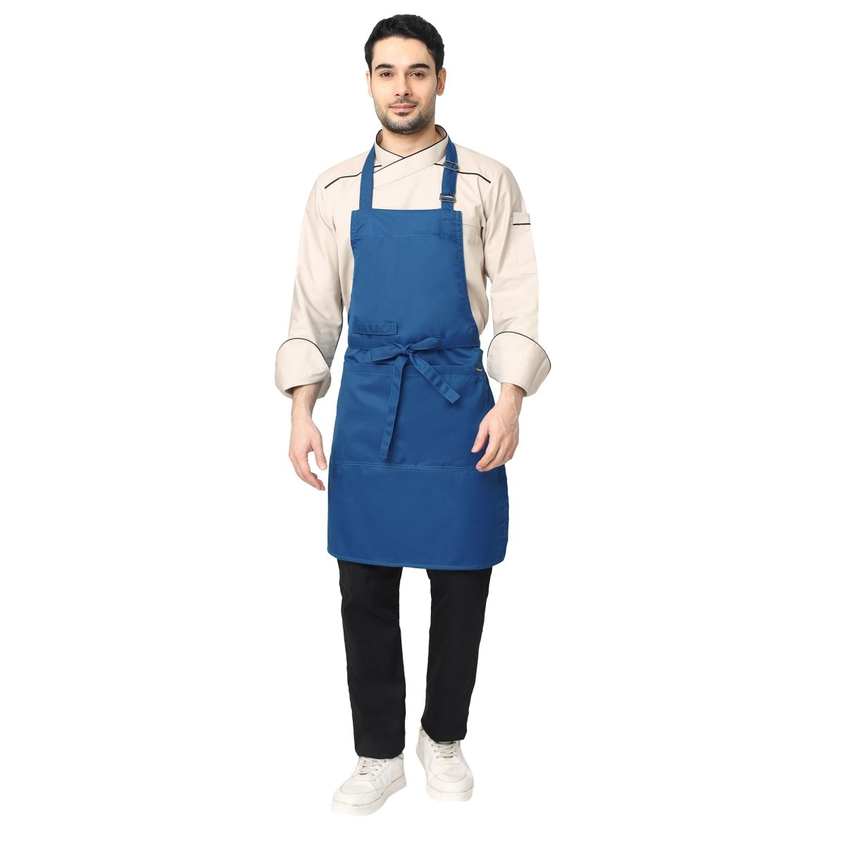 Royal blue full bib kitchen apron front view — polycotton, adjustable neck strap