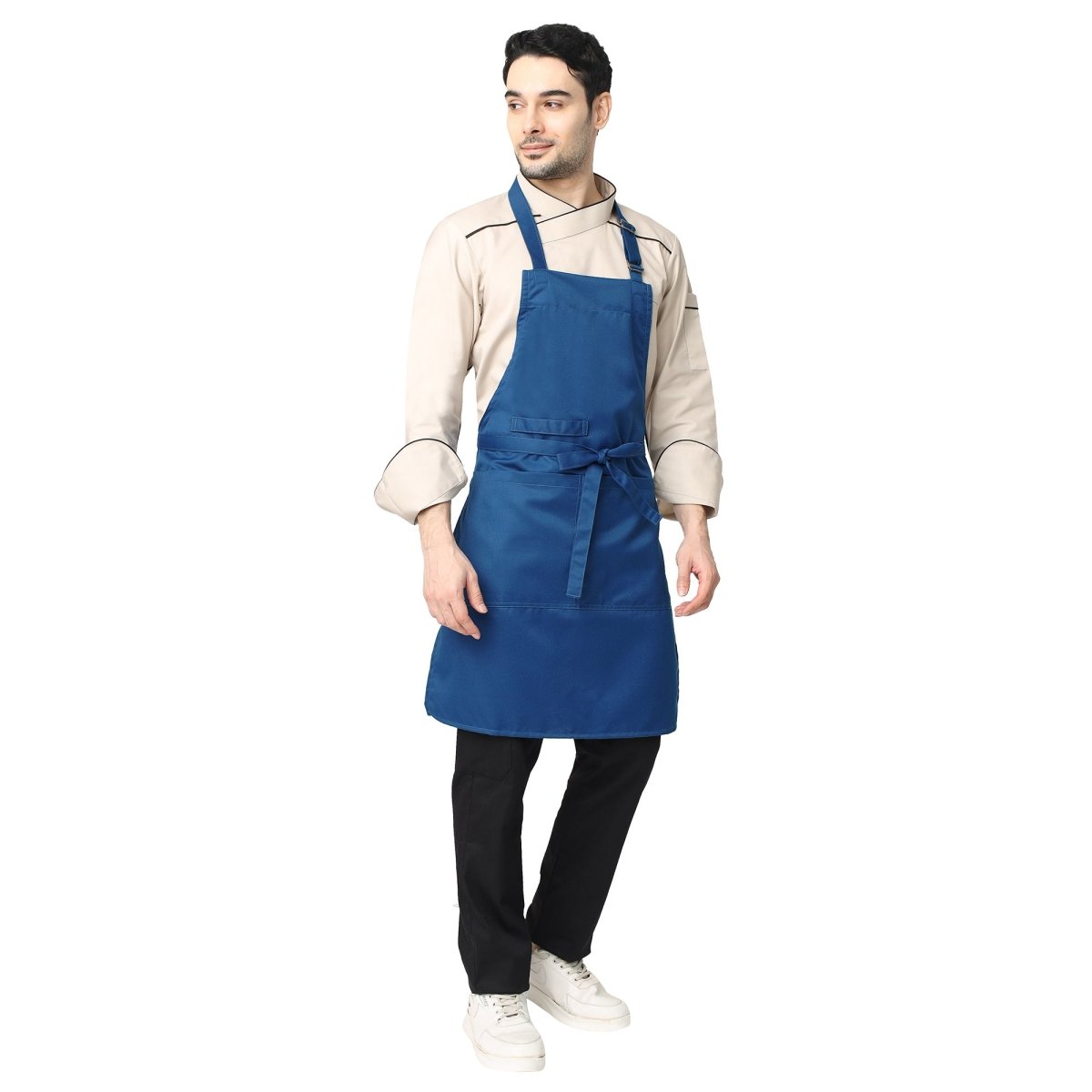Royal blue kitchen apron on model — restaurant and cafe uniform India