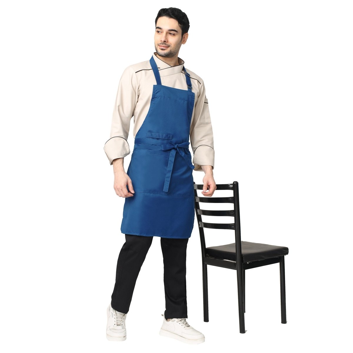 Royal blue apron back view showing waist tie