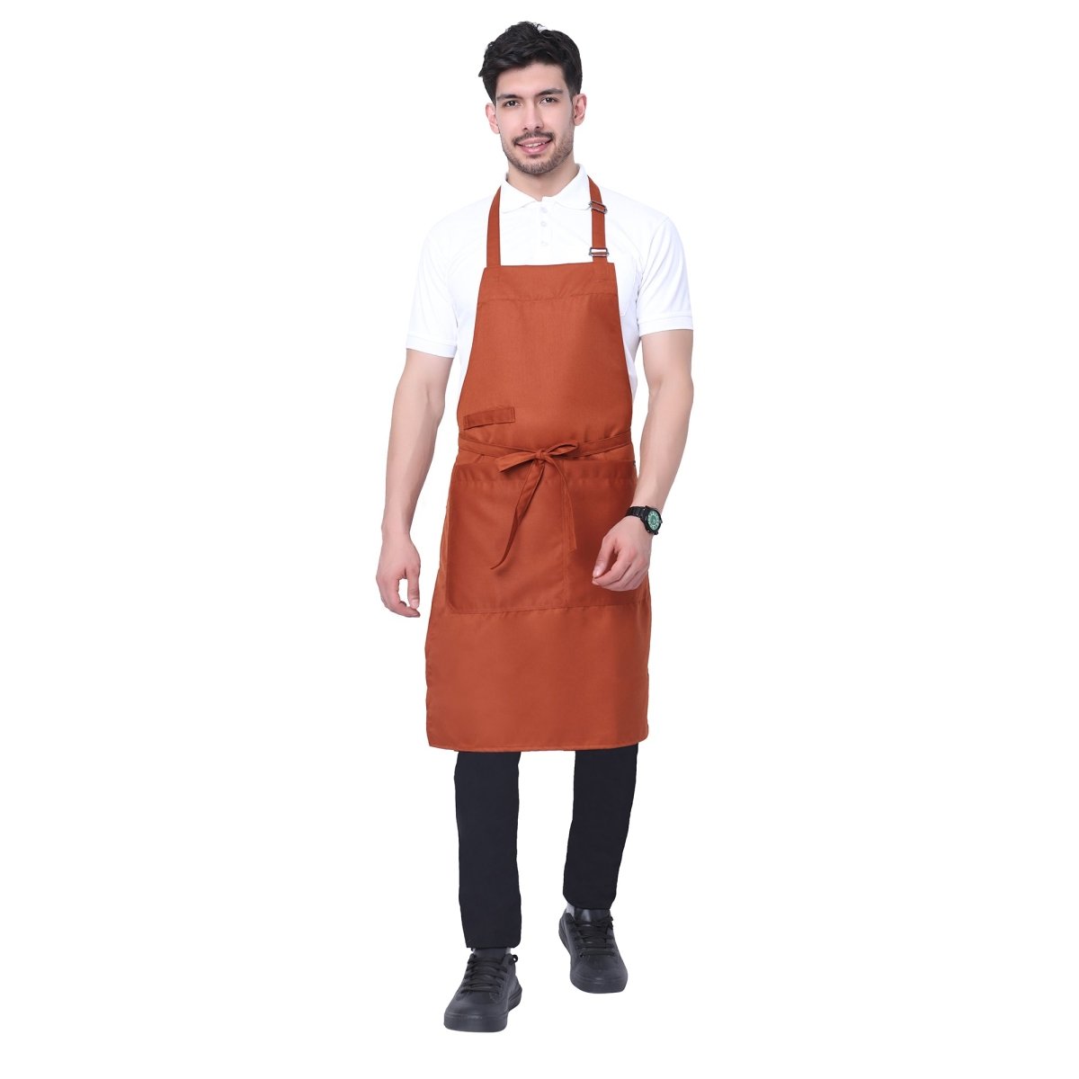 Rust orange full bib kitchen apron front view — polycotton, adjustable strap