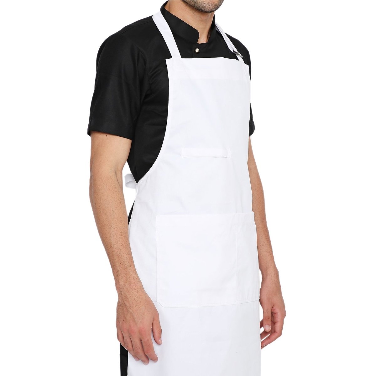 White bib apron flat lay — adjustable neck buckle and waist tie